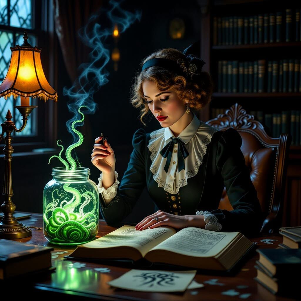 Woman Holds Eldritch Tentacle Jar in Gothic Horror Study