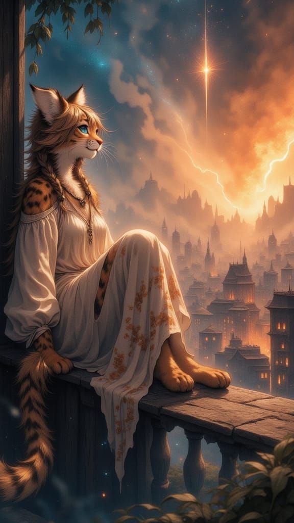 Anthropomorphic Cat Watching Burning City in Watercolour Sty...