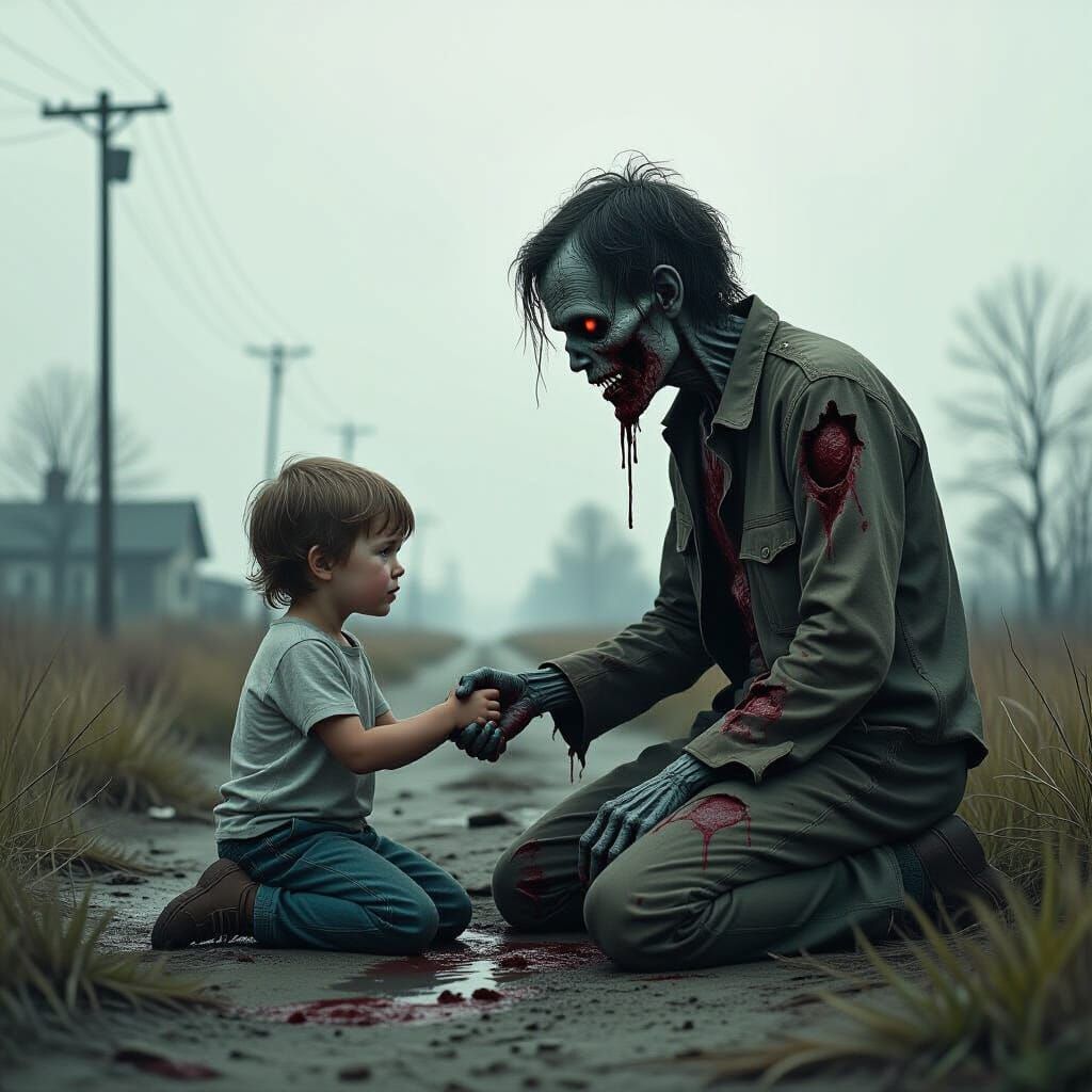 Child Mourns Zombie in Post-Apocalyptic Landscape