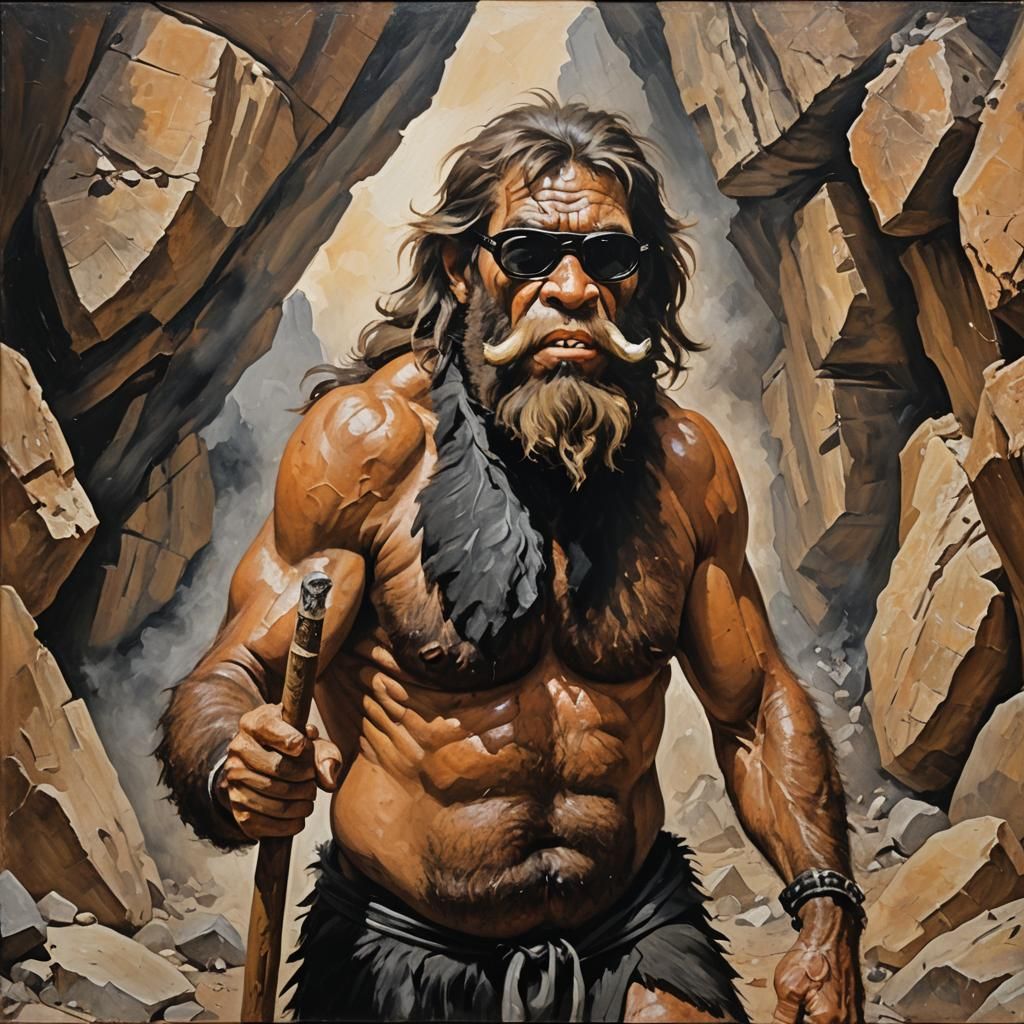 Hyperrealistic Oil Painting of a Caveman with Sunglasses