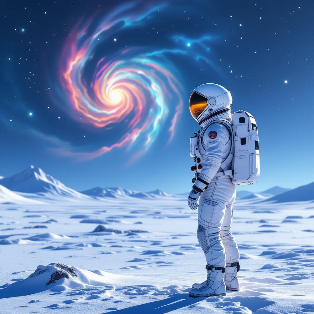 Astronaut on Alien Planet Gazing at Nebula