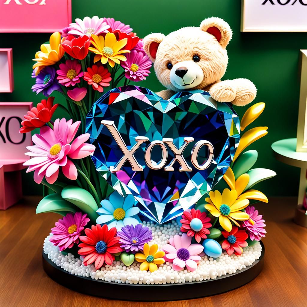 Crystal Heart with 3D XOXO and Teddy Bear