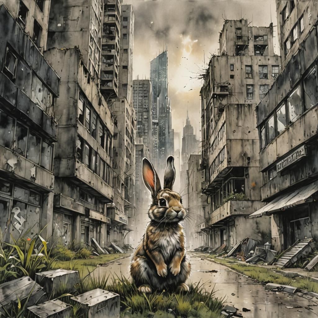 Dystopian Bunny: Hope in a Post-Apocalyptic Cityscape