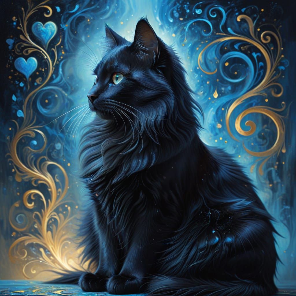 Surreal Black Cat Oil Painting with Golden Line Art