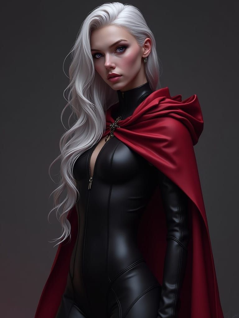 Majestic White-Blonde Woman in Crimson Hooded Cape