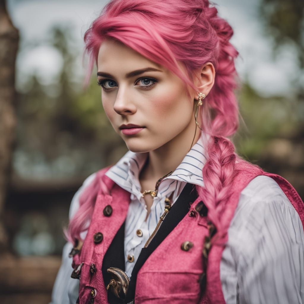 Elizabeth Swann in a Vibrant Pirate Outfit with Pink Accents