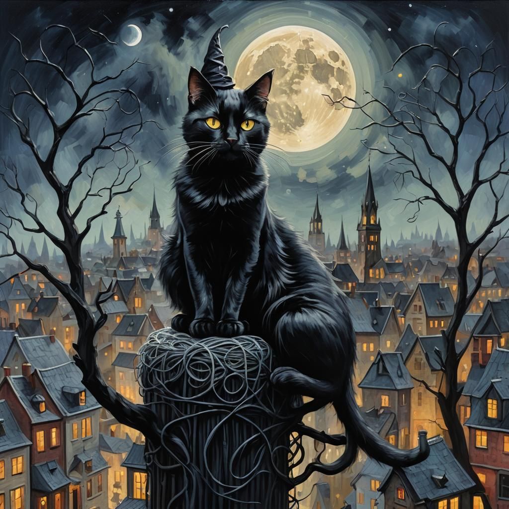 a black cat sitting in front of a full moon, oil painting of cat witch, gorgeous art, black cat in a city made of yarn, ...