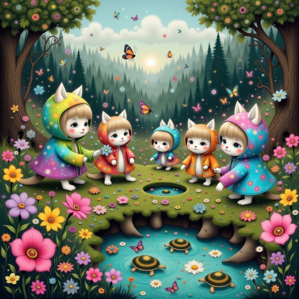 Whimsical Kittens Frolicking in a Floral Meadow