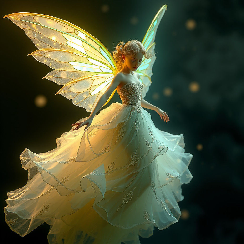 Bioluminescent Fairy in Gown, Hyperrealistic HD Photo