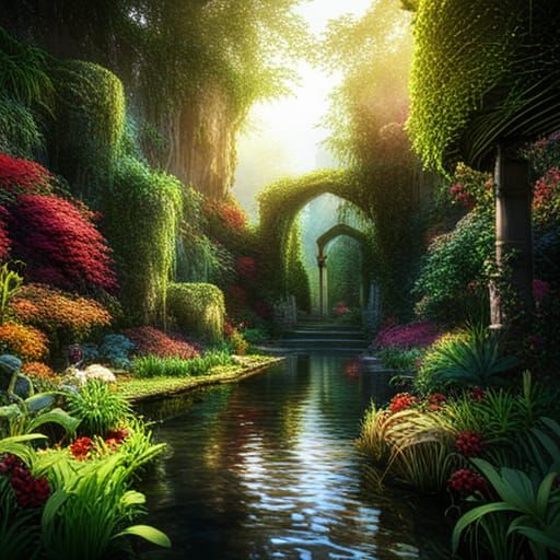 High Gothic Water Garden at Sunset: Dark Fantasy Art