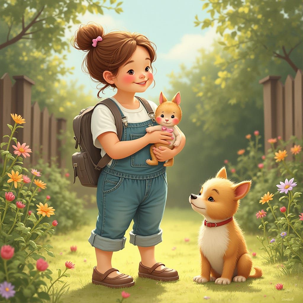 Mum and Baby Enjoy Sunny Backyard with Playful Dog