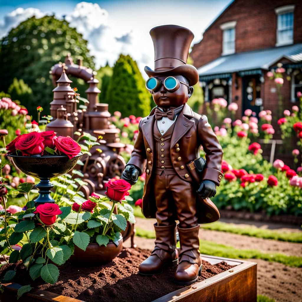 Steampunk Chocolate Statue in Rose Garden