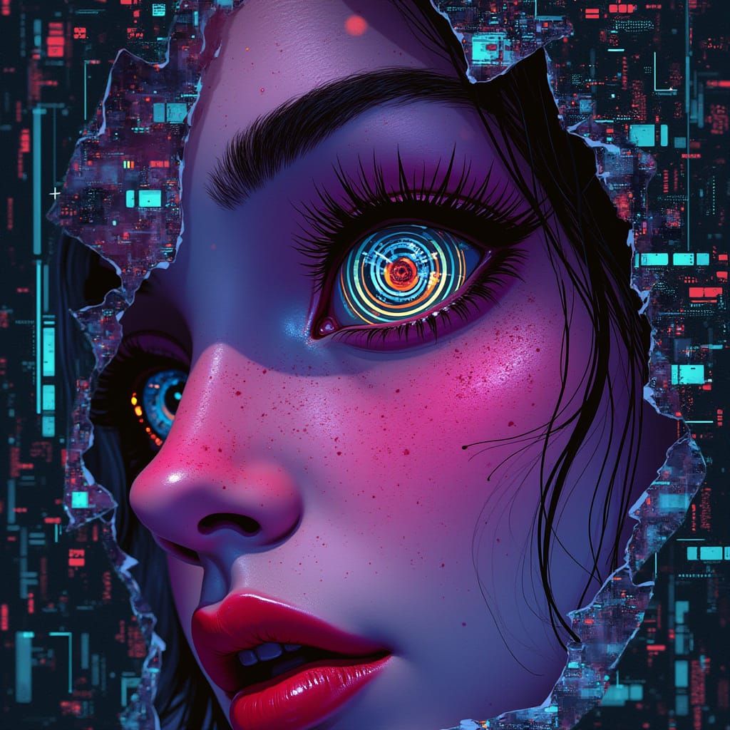 Cyberpunk Woman's Face Through Digital Screen