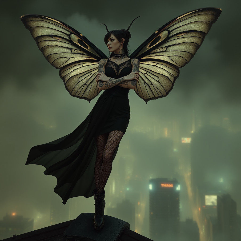 Gothic Cyberpunk Fairy Perched on Rooftop