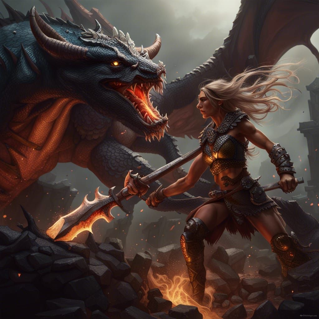 Barbarian Woman Battles Dragon: Dark Fantasy Art