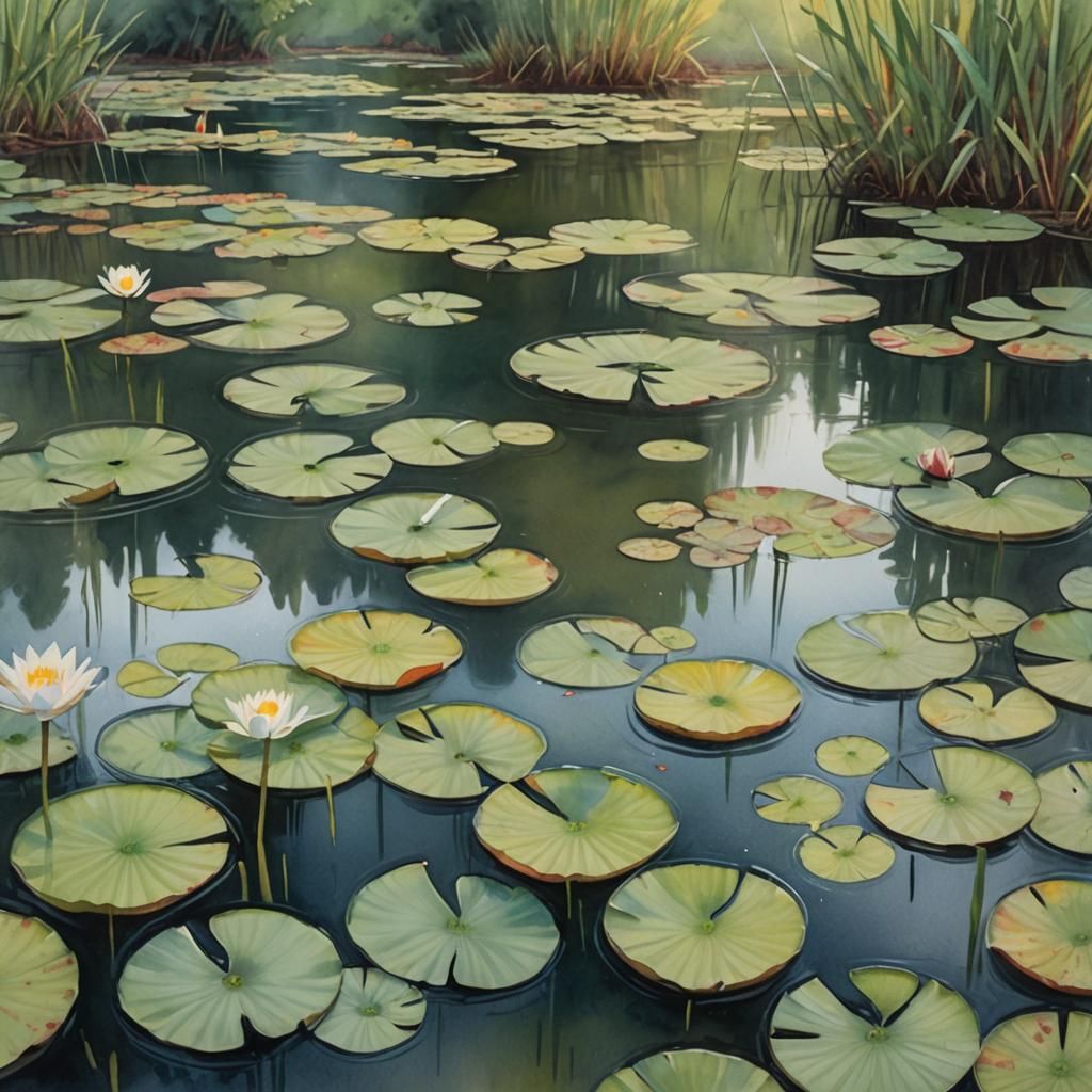 Lily Pond Gouache Watercolor Painting on Canvas