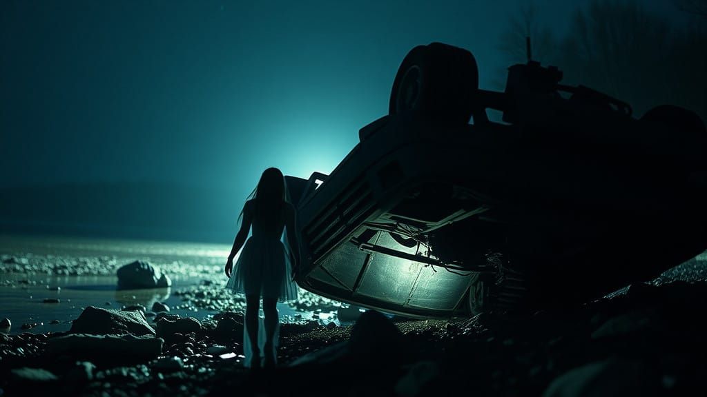 Eerie Nighttime Scene of a Wrecked Car on a River Bank