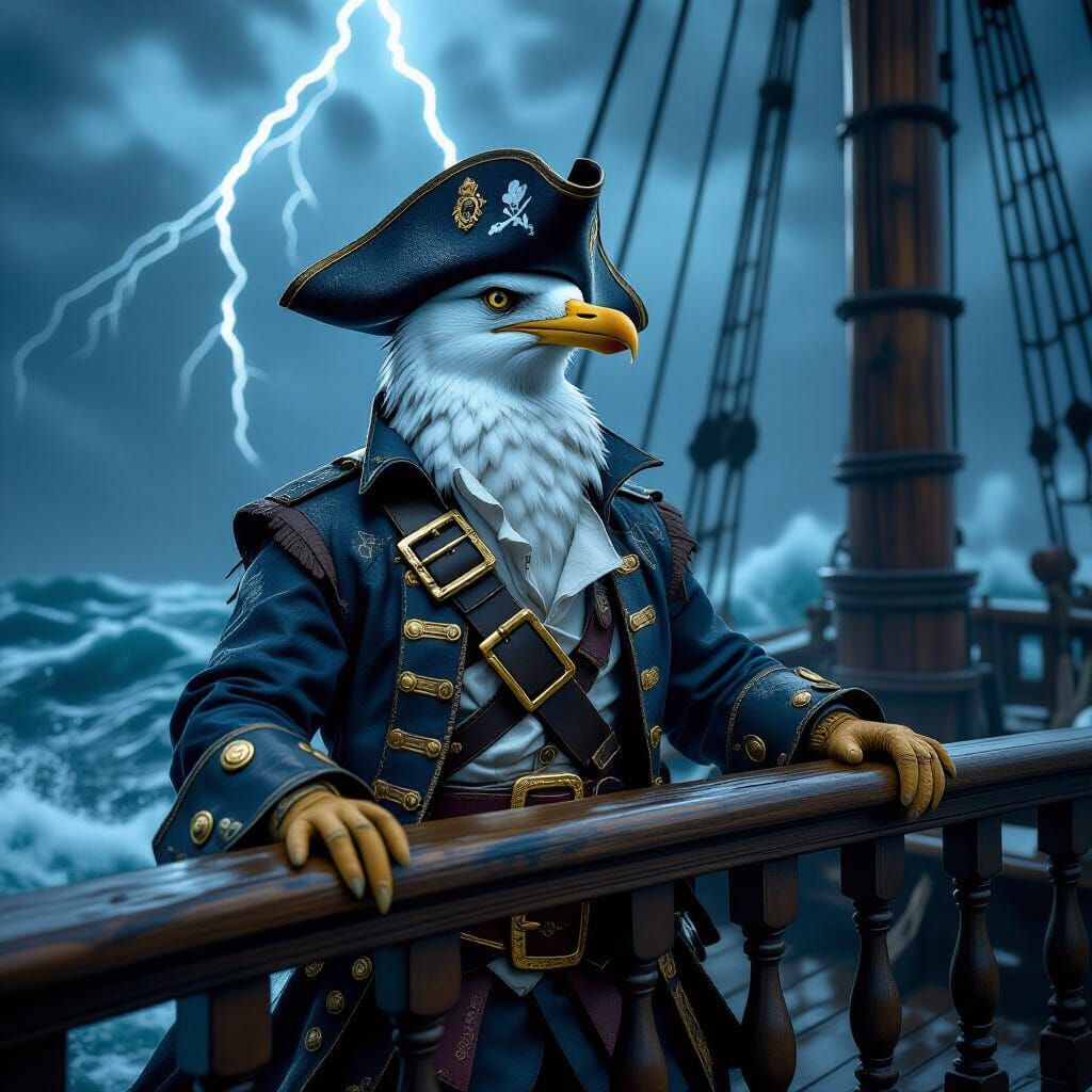 Seagull Pirate Captain Navigating Stormy Seas