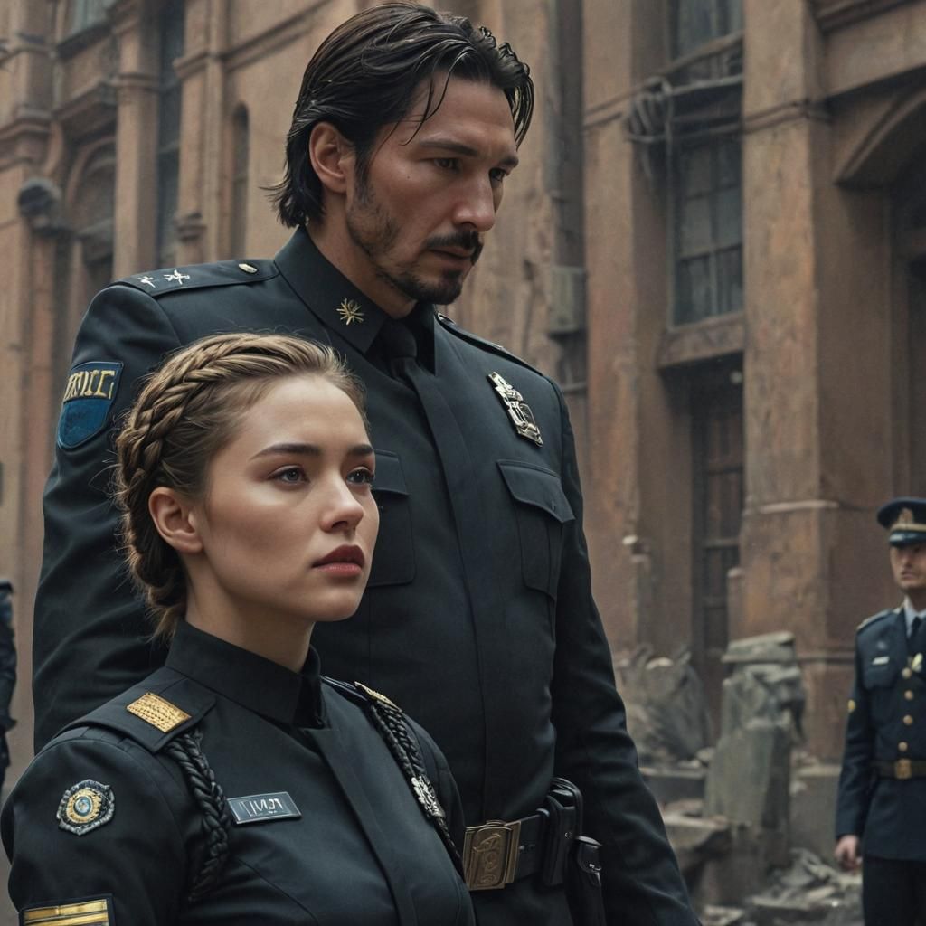 Futuristic Russian Police Chief with Young Woman: Romantic S...