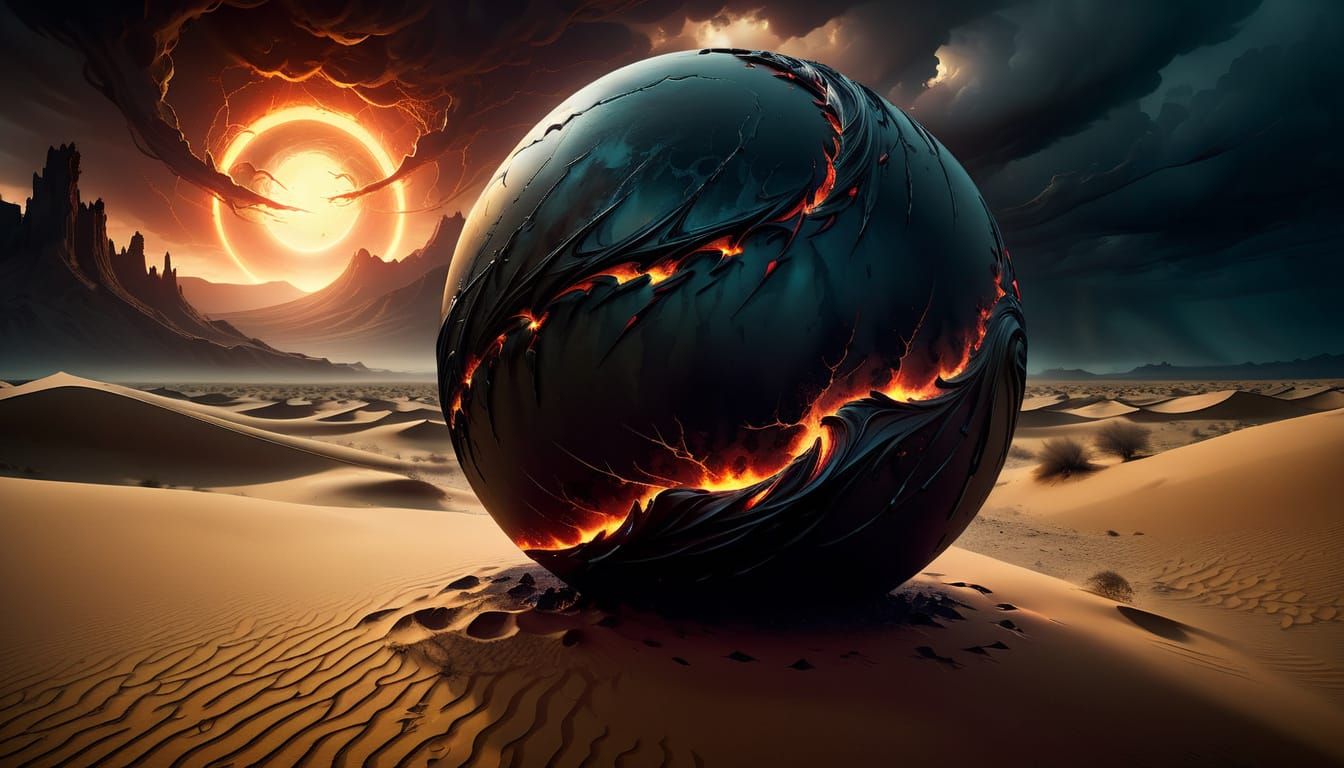 Ominous Desert Sphere in Dreamlike Atmosphere