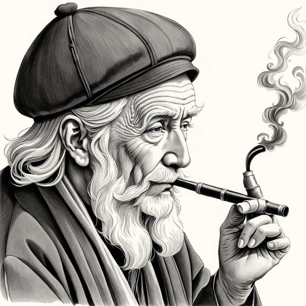 Pencil Drawing of an Old Man Smoking
