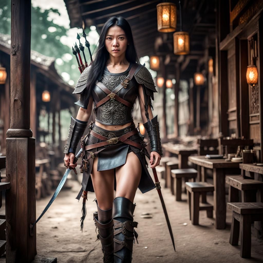 Asian Assassin walks down a city street