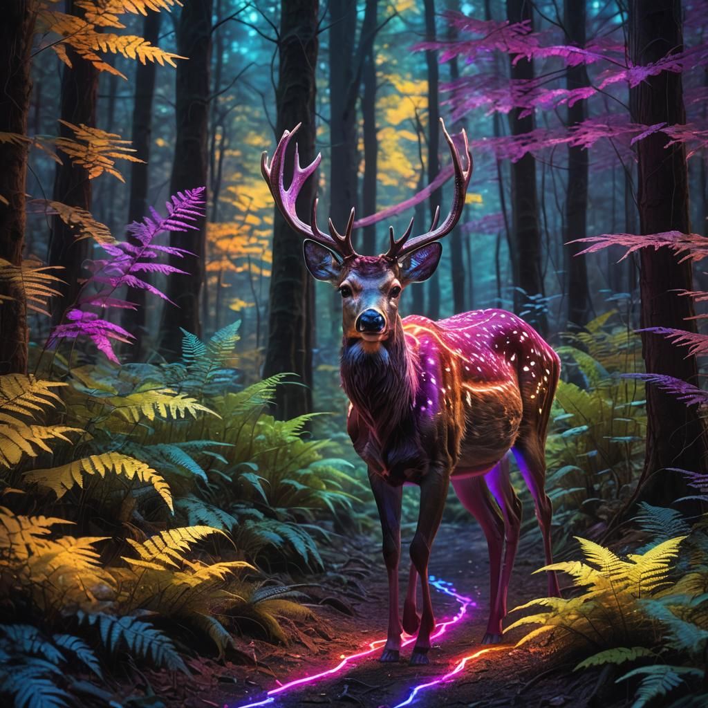 Deer Walking Fluorescent Trail in Hyperrealistic Forest