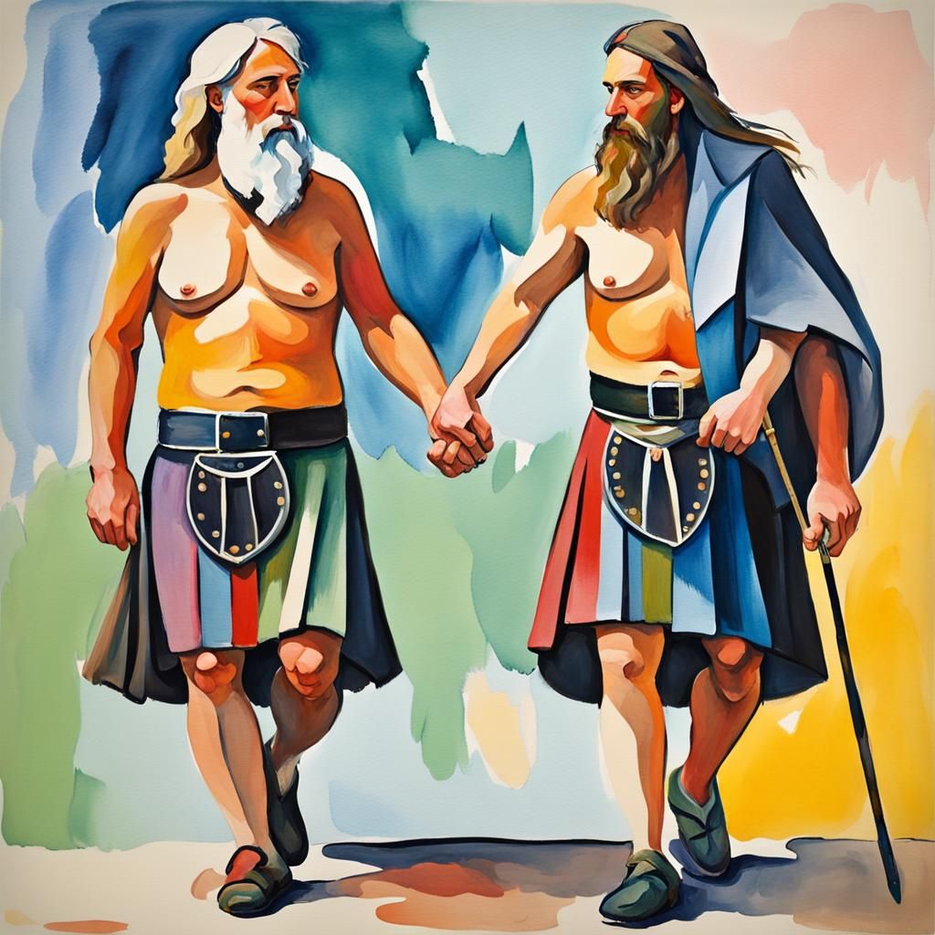 Happy Men in Kilts Holding Hands, Gouache Style