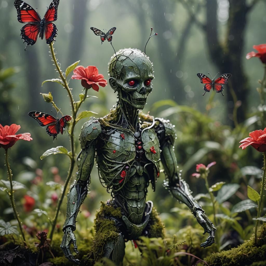 Detailed Macro Photo of Damaged Humanoid in Garden