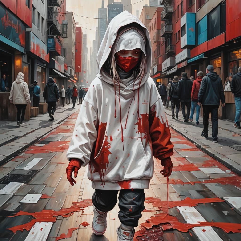 Deformed Cyberpunk Girl in Red-Painted City: Neosurrealism