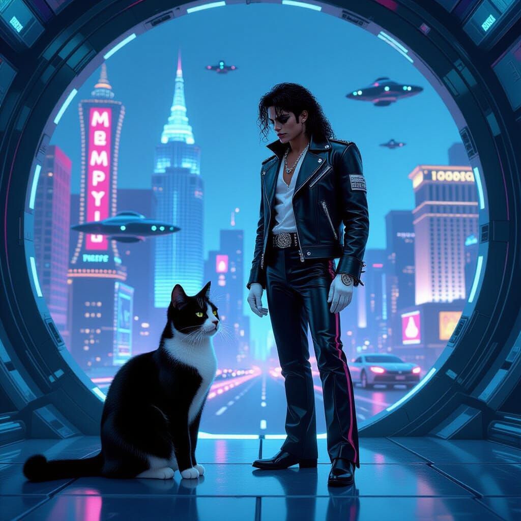 Michael Jackson and Cat in Futuristic Las Vegas