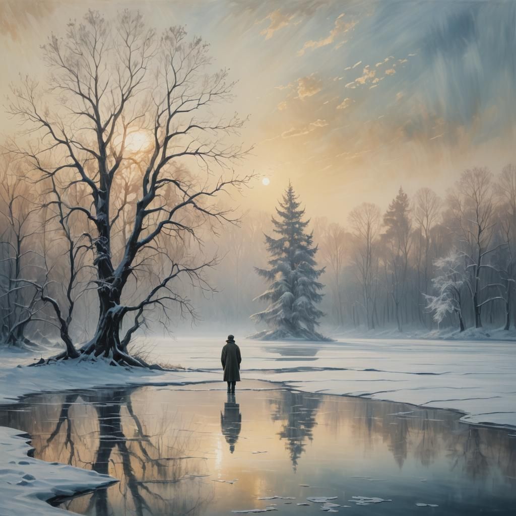 Eerie Frozen Lake: A Surrealist Oil Painting