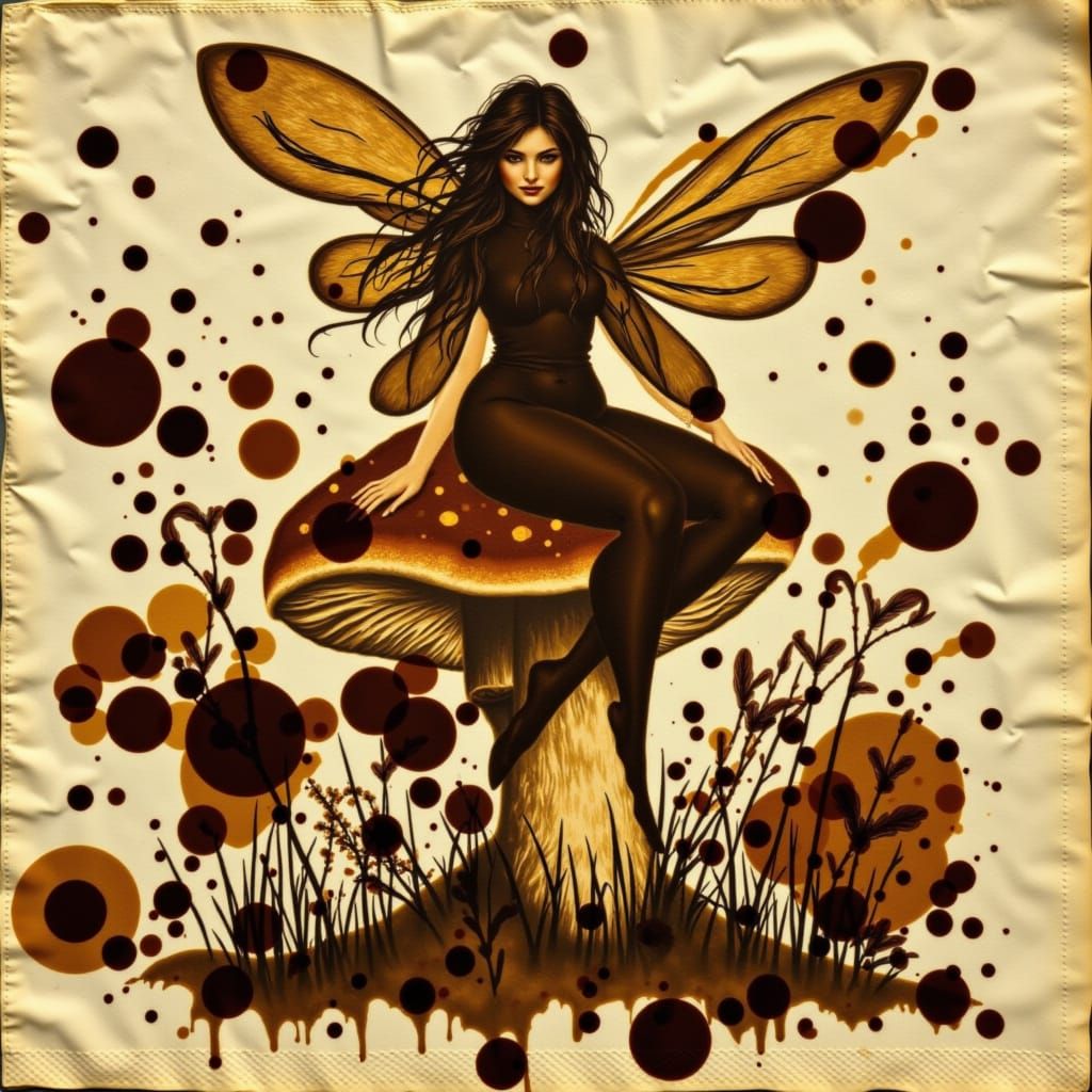 Fairy on Coffee Stain Toadstool Illusion