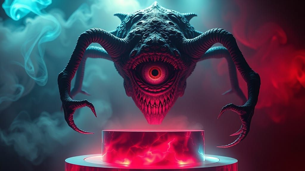 Hyperrealistic, Laser-Projected Beholder Monster on 3D Podiu...