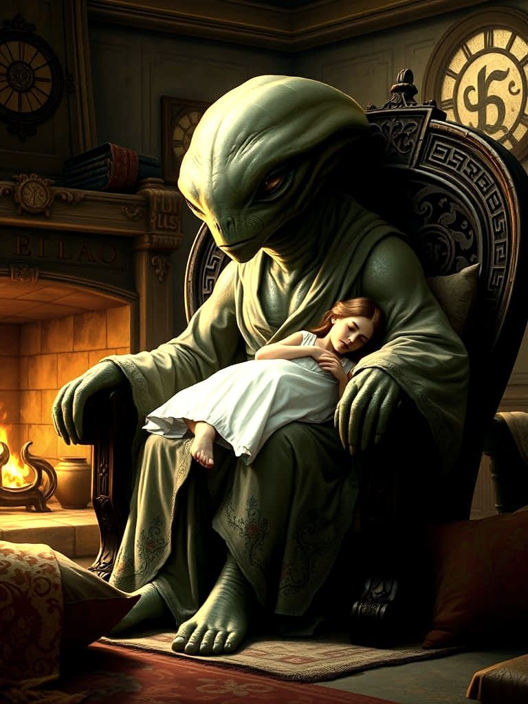 Cozy Alien Family Scene in Whimsical Fantasy Style