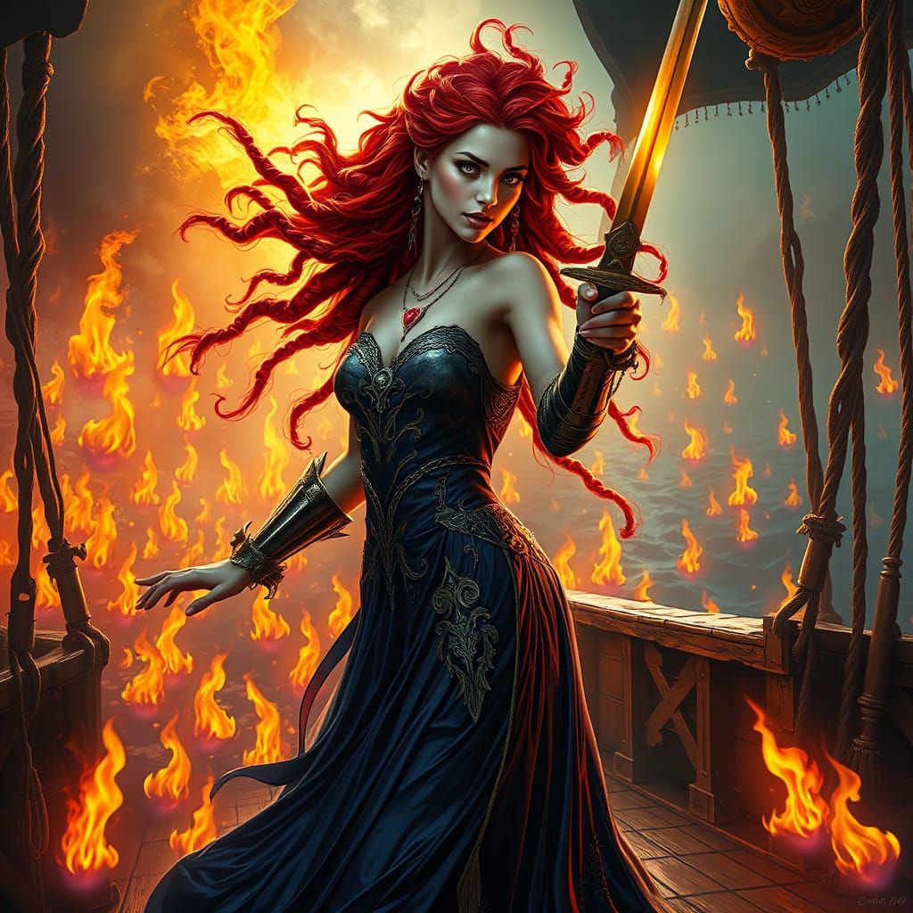 Enchanted Warrior Dances Amidst Fiery Hues