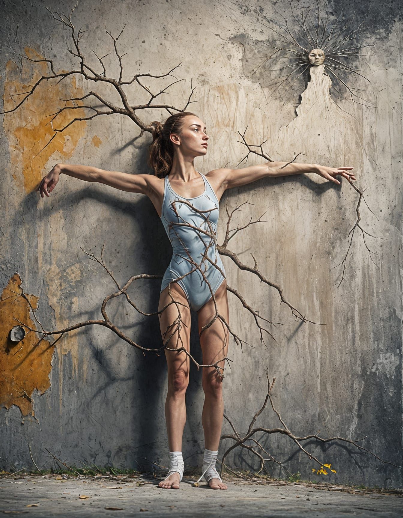 Surreal Branch Figure of Gymnast on Concrete Wall