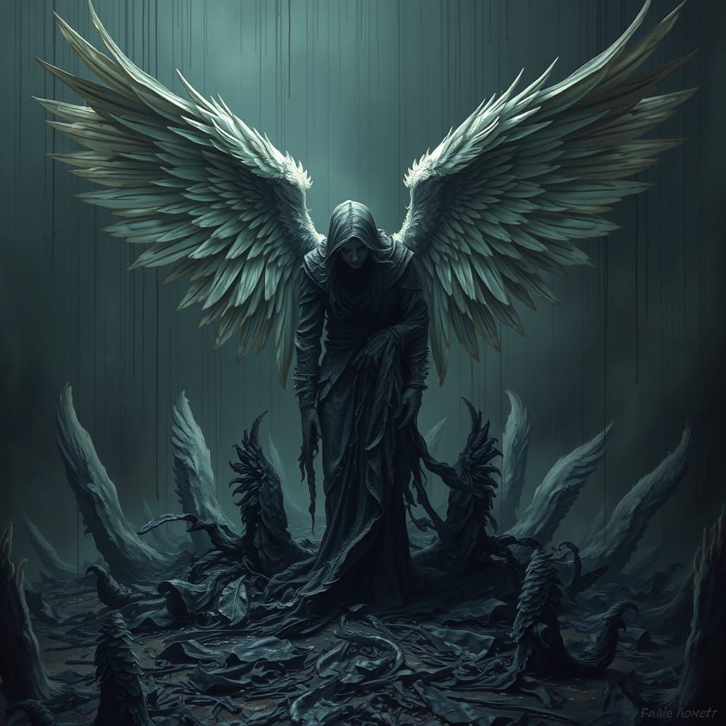 A fallen angel with wide, feathered wings—yet all the feathe...