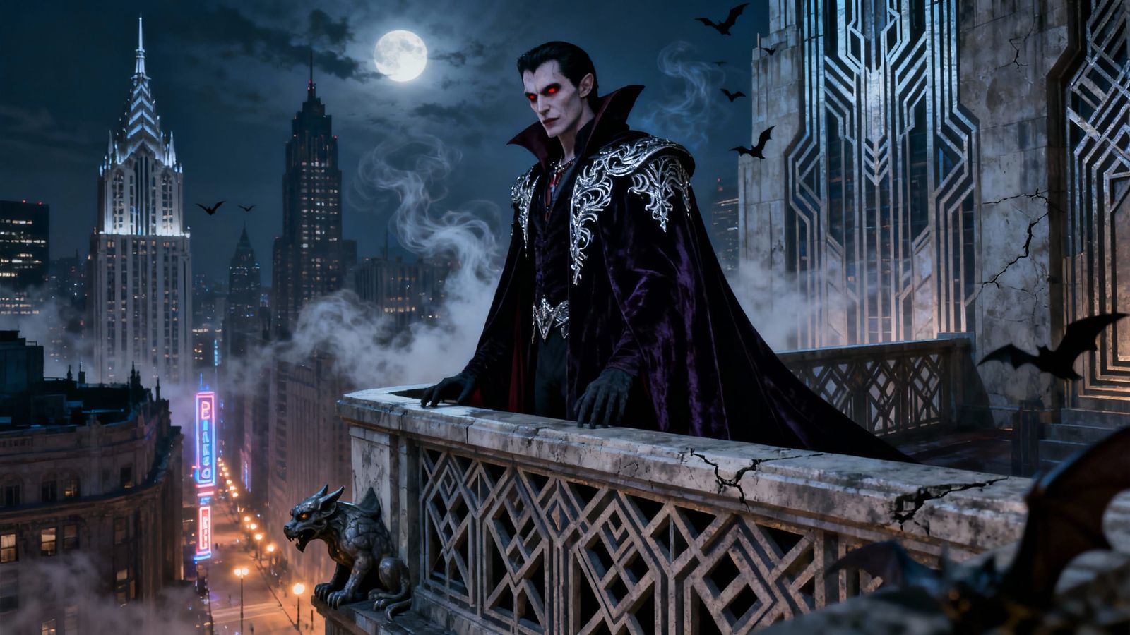 Vampire Lord Surveys Moonlit City from Gothic Balcony