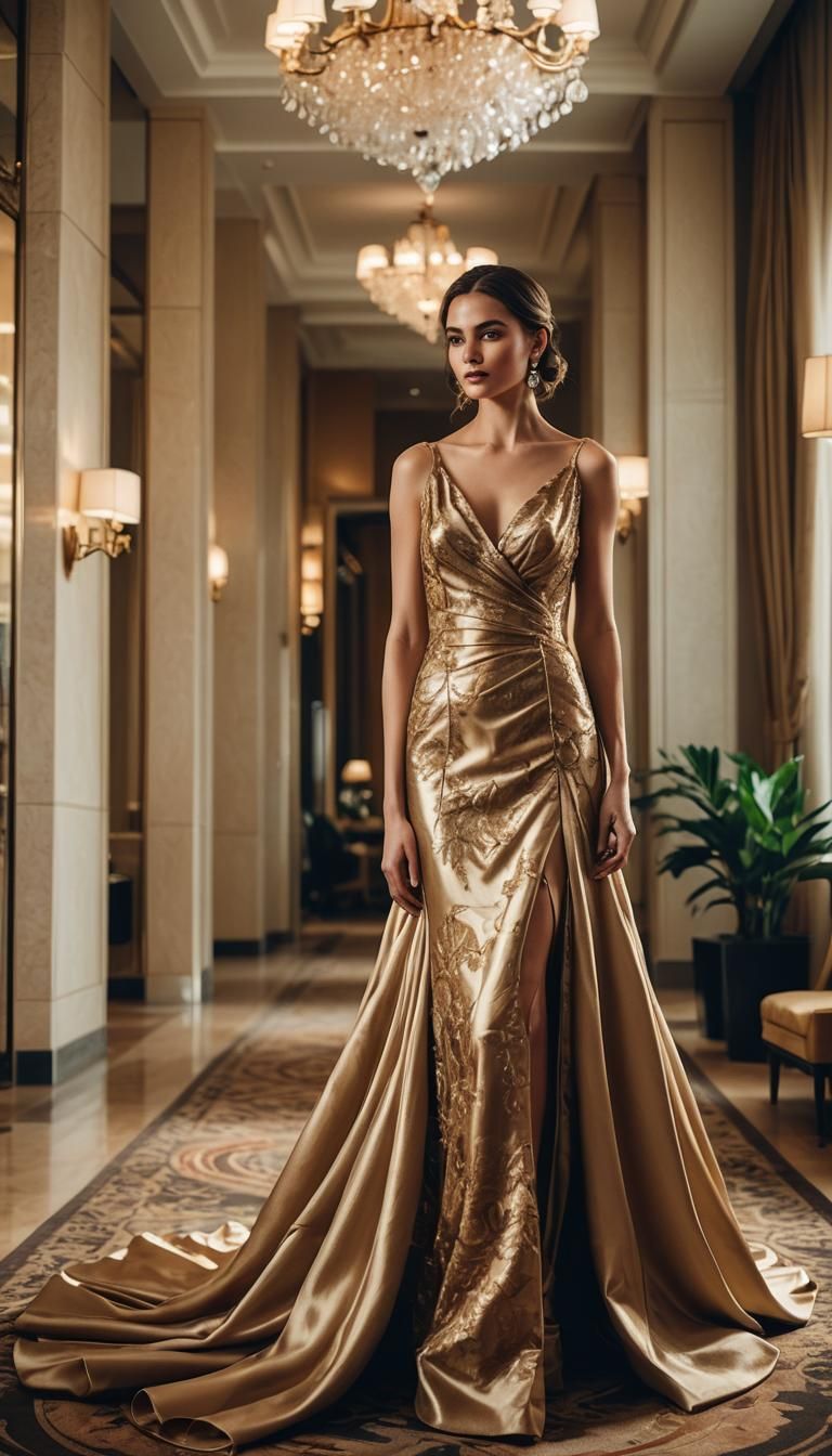 Luxurious Woman in Silky Gown, High-Fashion Photography