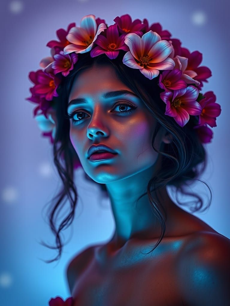 Woman with Flower Crown: Bioluminescent Quantum Art