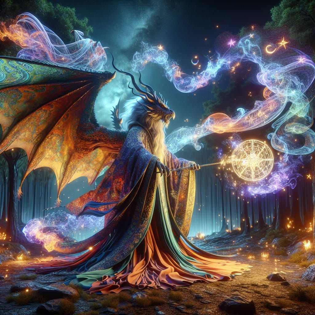Dragon Wizard Casting Spell in Magical Forest