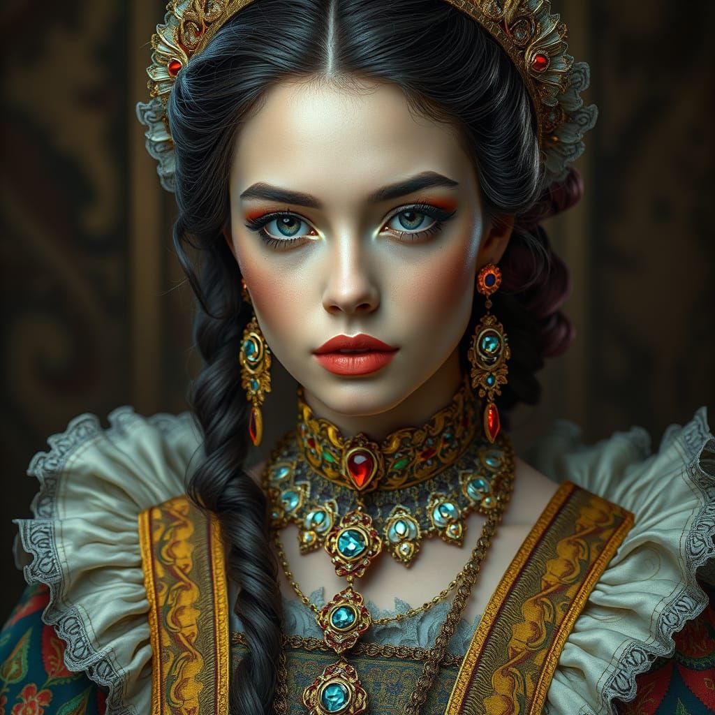 Woman in Elizabethan Dress and Futuristic Jewelry