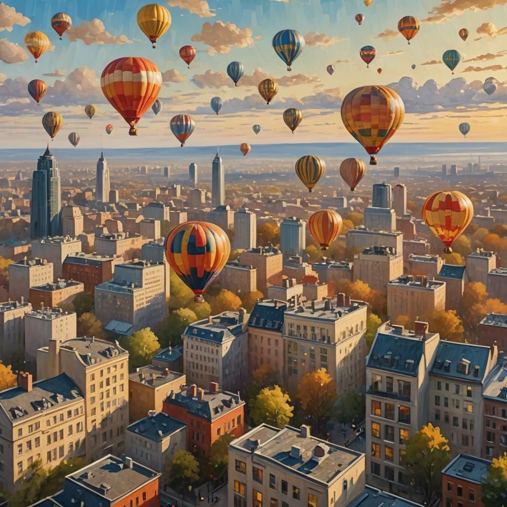 Hot Air Balloons Over City: Impressionist Oil Painting