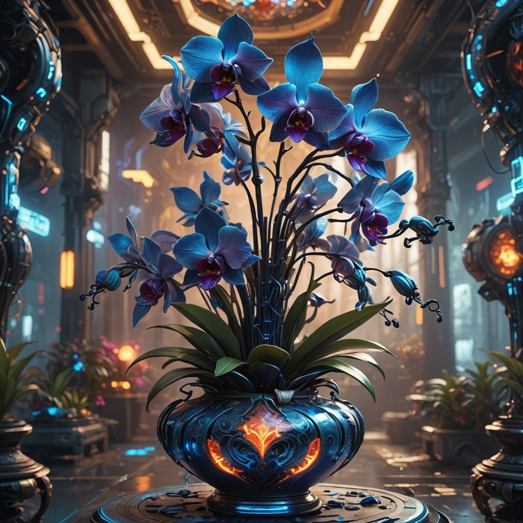 Electric Blue Orchid in Cyberpunk Alien Landscape