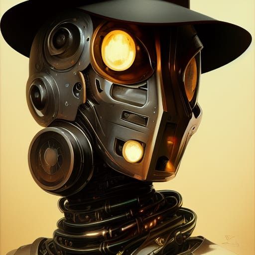 Robot in Mask and Bowler Hat, Detailed Portrait