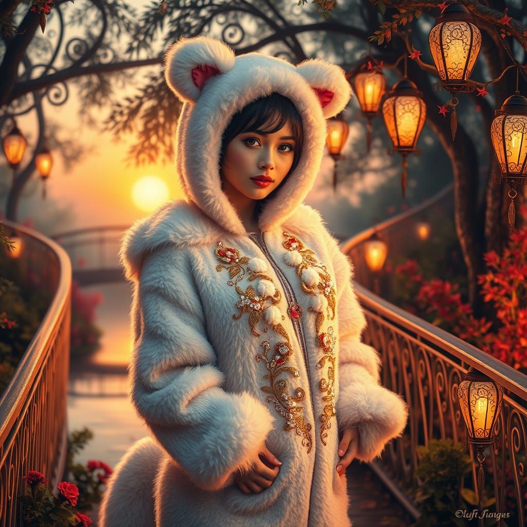 Whimsical Woman in Fluffy Animal Onesie Posing in Dreamlike ...