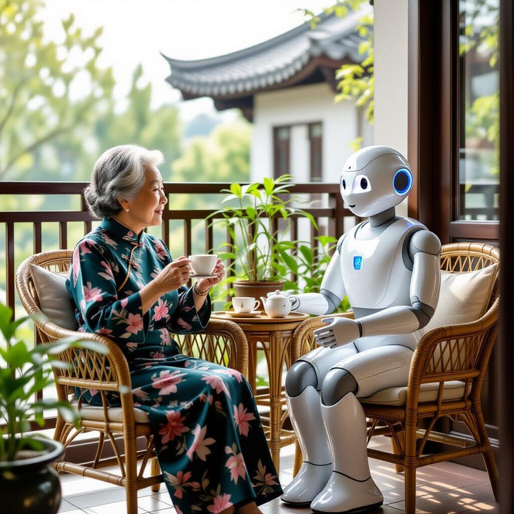 Tea Time: Elderly Woman and Robot Companion