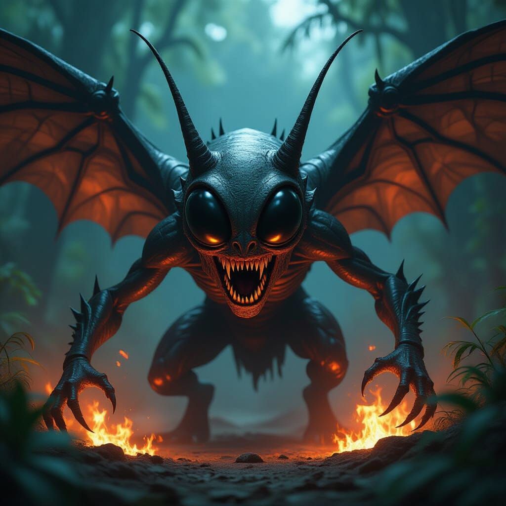 Bug-Eyed Alien Monster Attacking in Dark Jungle