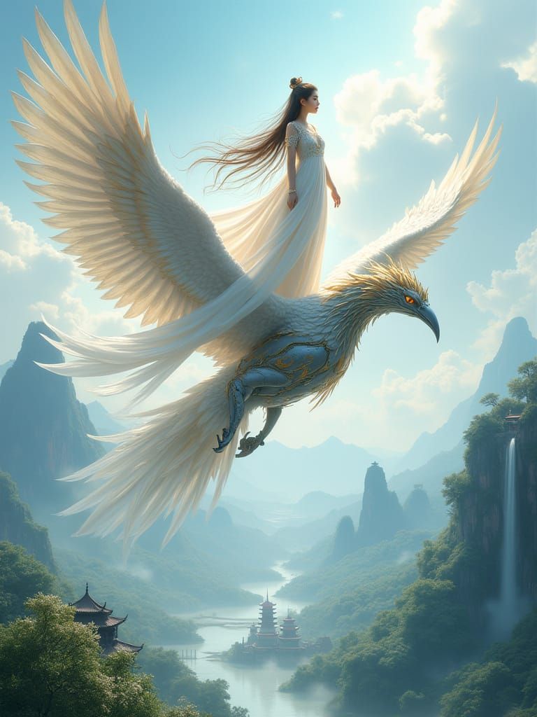 Goddess on Mechanical Phoenix in Xianxia Landscape